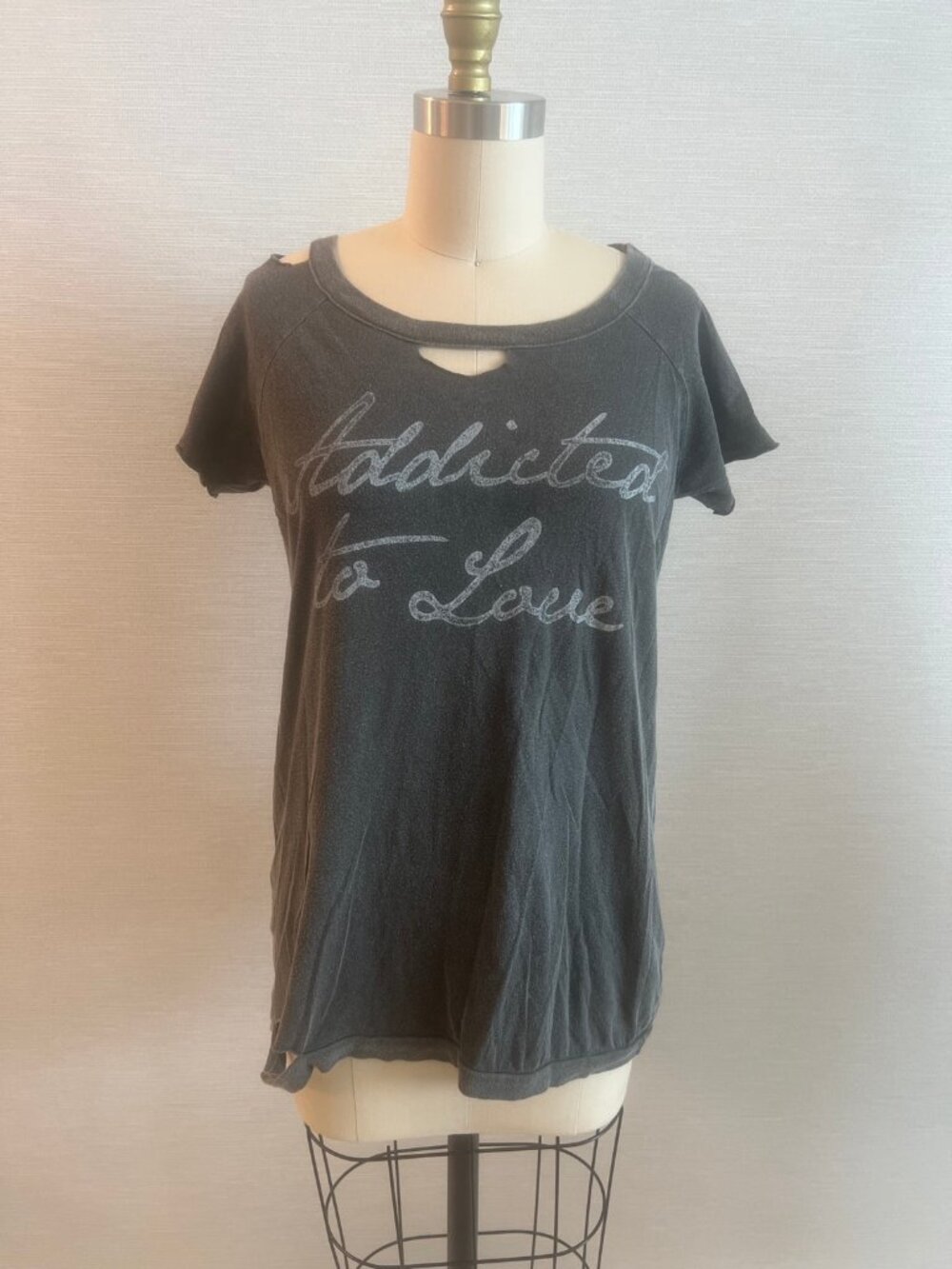 Chaser Addicted to Love Graphic Tee Gray Keyhole Cutout Open Back Cotton S